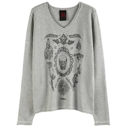 noEmosen Grey Skull Print Long Sleeve