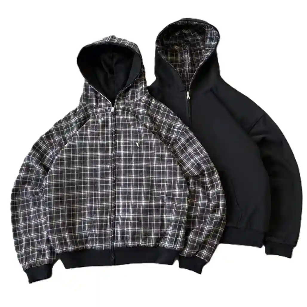 VRK Reversible Plaid Zip-Up Hoodie（Black/Brown)